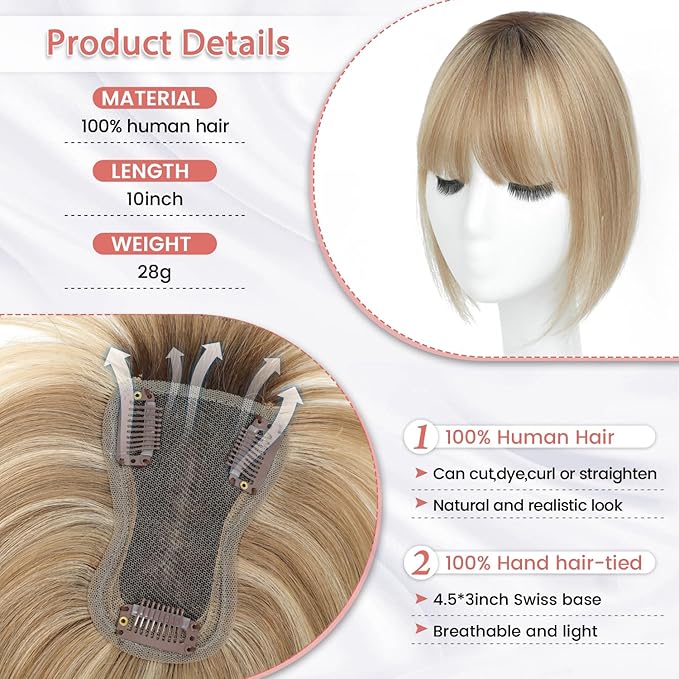YAMI Hair Toppers for Women Real Human Hair Toppers for Women with Thinning Hair Topper with Bangs (Honey Blonde with Dark Brown Root)
