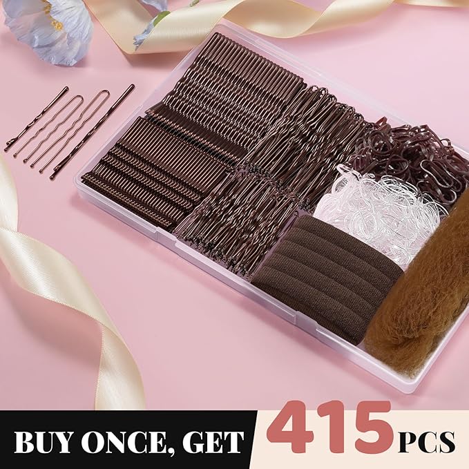 415pcs Bobby Pins Hair Pins Set, IKOCO 200pcs U Shaped Pins & Elastic Hair Ties for Women with Hair Net, Brown