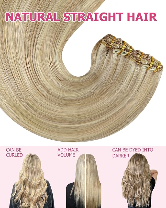 YoungSee 150G Blonde Clip in Hair Extensions Human Hair Highlight Clip in Hair Extensions Light Blonde Highlighted Golden Blond Clip ins Extensions Real Human Hair 22Inch 7Pcs