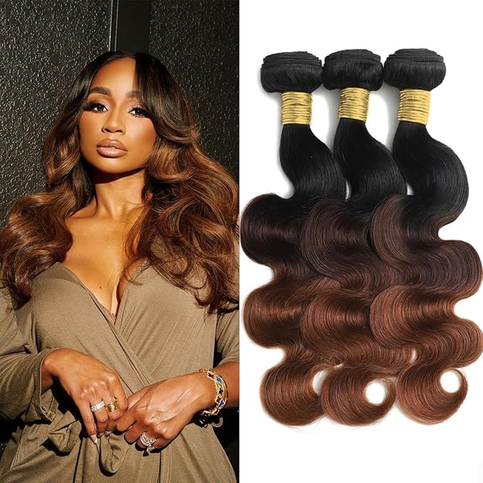 T1B/2/30 Chestnut Brown Ombre Human Hair Bundles Body Wave 100% Real Virgin Human Hair Bundles 10 12 14 Inch Dark Roots Bundle 3 Tone Ombre Medium Auburn Colored Sew in Quick Weaves