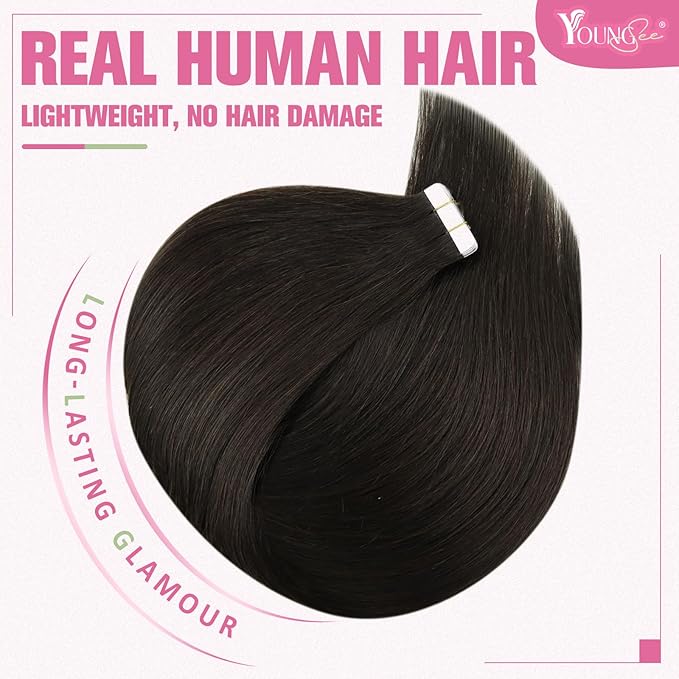 YoungSee Tape in Hair Extensions Human Hair Dark Brown Tape ins Human Hair Extensions Brown 12 Inch 30g 20pcs Seamless Tape-in Hair Extension Real Hair for Short Hair Everyday Wear