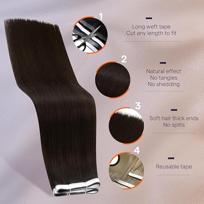 Full Shine Tape in Hair Extensions Human Hair Color 2 Dark Brown Wide Long Genius Weft Tape in Hair Extensions 18Inch One Piece Seamless Invisible Extension 50G for Women Add Volume for A Full Head