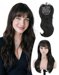 QUEENTAS 21" Curly Hair Topper for Women with Thinning Hair Daily Wear 360°3D Cover Up 6.5"*6" Fluffy Brown Body Wave Hair Pieces with Bangs(Dark Brown)