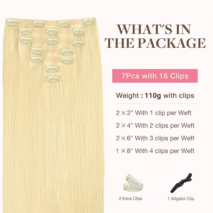 GOO GOO Clip in Hair Extensions Real Human Hair, Remy Human Hair Extensions Clip ins for Women, Natural Human Hair, 18inch 110g 7Pcs, 22F Light Golden Blonde