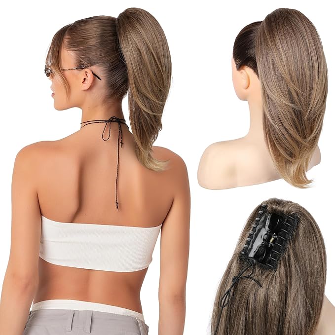 Ponytail Extension – 16” Claw Clip in Ponytail Hair Extensions Natural Soft Synthetic High Pony Tail Hairpieces for Women (Light Brown with Golden Ends, 16 inch)