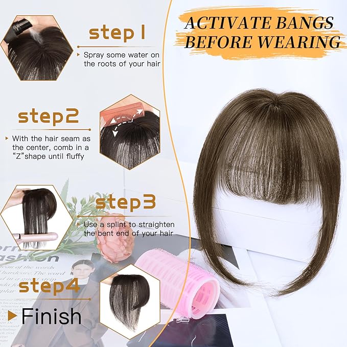 NAYOO Hair Toppers for Women Real Human Hair, 360° Cover Clips in Full Fringe Fake Bangs Hair Pieces for Women Girls Daily Wear(Brown Black)