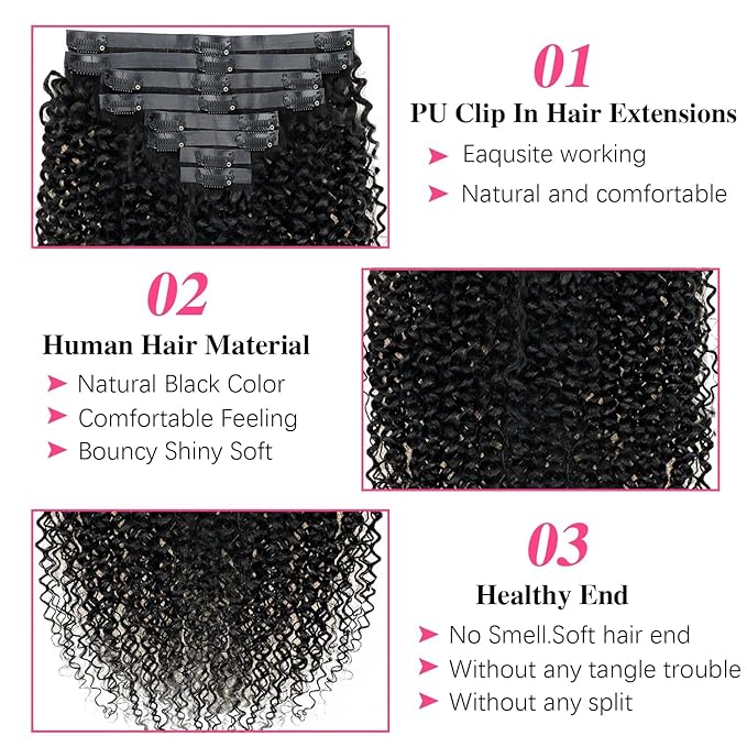 Seamless Kinky Curly Clip in Hair Extensions Real Human hair For Women Brazilian Virgin 3c 4a Curly Clip ins Human Hair Extensions (20inch,#1B)