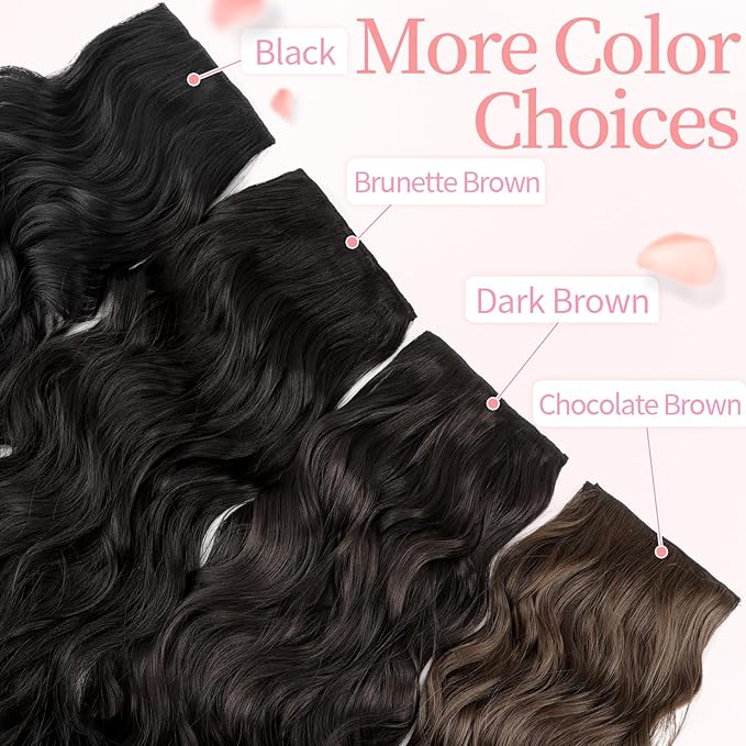 KooKaStyle Clip in Synthetic Hair Extensions Long Wavy 4PCS Thick Hairpieces Brunette Brown Fiber Double Weft Natural Hair Extensions 20 Inch for Women