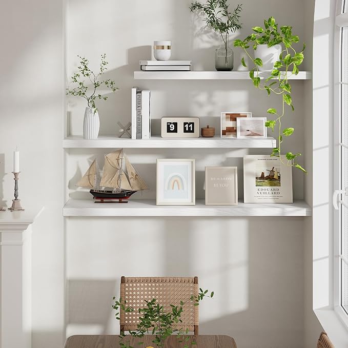 Fun Memories Floating Shelves 55 Inch Set of 2, White 55 x 9 Wall Shelves for Home Decor Storage, Rustic Wood Floating Shelf for Wall, 9 Inch Deep Shelving for Bathroom, Living Room, Kitchen