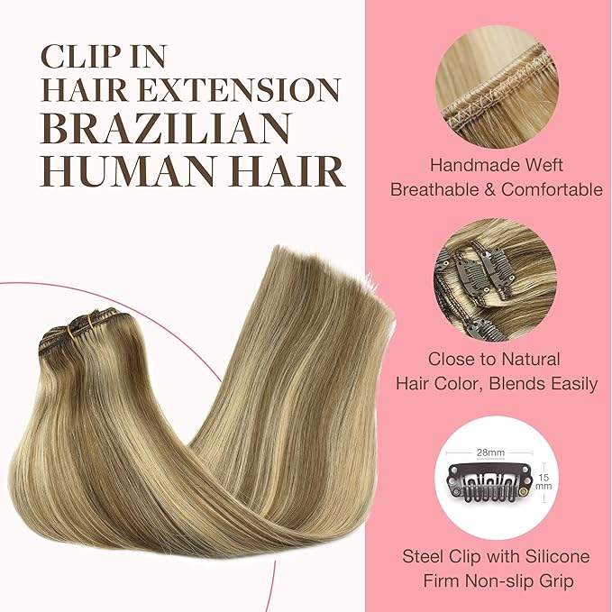 GOO GOO Clip in Hair Extensions Real Human Hair, Remy Human Hair Extensions Clip ins for Women, Natural Human Hair, 18inch 120g 7Pcs, 8A/22 Medium Brown Highlighted Golden Blonde