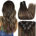Full Shine Light Brown Clip in Hair Extensions 16 Inch Dark Brown Balayage Clip in Hair Extensions Real Human Hair 7 Pcs 120 G