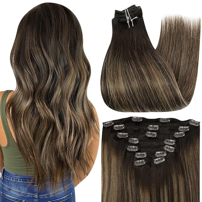 Full Shine Dark Brown Human Hair Clip in Extensions Double Weft Clip in Hair Extensions Real Human Hair Balayage Brown Remy Straight Hair Extensions 20 Inch 7 Pcs 120 G