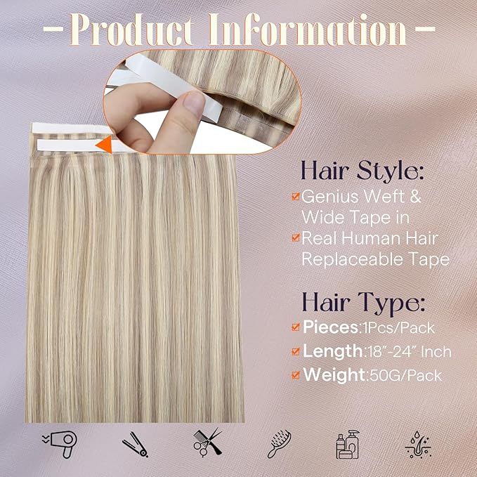 Full Shine Tape in Weft Hair Extensions Human Hair Color 18 Ash Blonde Highlight 613 Blonde Genius Weft Tape in Extensions Long Tape Weft for Daily Office Look Lightweight 18Inch 50G One Piece