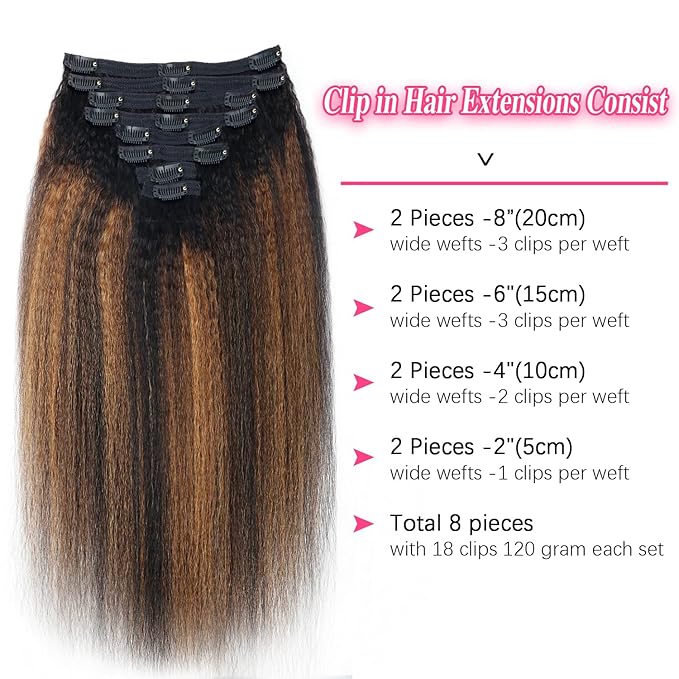 Kinky Straight Clip in Hair Extensions Real Human Hair For Women Highlight Hair Extensions Kinky Straight Clip ins (26inch,T1BP1B/30)