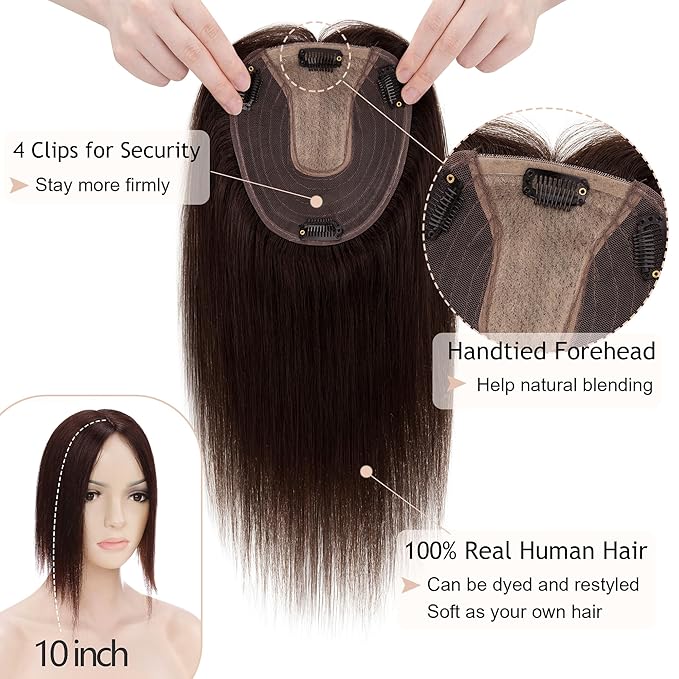 Hair Toppers for Women Real Human Hair No Bangs, 13 * 15 cm Larger Silk Base 150% Density Clip In Topper Hairpieces, Wiglet Top Pieces Add Volume -14 Inch 02 Dark Brown