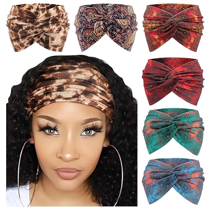 DRESHOW 6 Pack Extra Wide Headbands for Women Large Turban Headband Boho Head Wrap Elastic Hairbands Hair Twisted Knot Hair Accessories