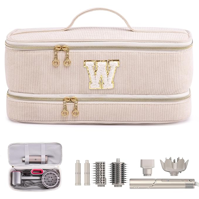 Initial Personalized Hair Tools Travel Bag Double-Layer Hair Dryer Case Compatible with Shark FlexStyle/SmoothStyle, Dysson Airwrap & Supersonic – Hair Tool Organizer for Travel & Home