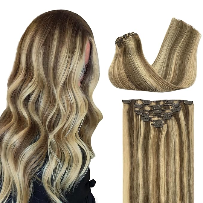 GOO GOO Clip in Hair Extensions Real Human Hair, Remy Human Hair Extensions Clip ins for Women, Natural Human Hair, 18inch 120g 7Pcs, 8A/22 Medium Brown Highlighted Golden Blonde