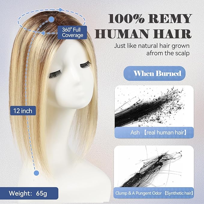 HAIRCUBE Hair Toppers for Women 100% Real Human Hair, Ombre Blonde with Brown Highlight, 6"*5.5"MONO Large Base,65g Hand-moven Real Human HairToppers for Women with ThinningHair