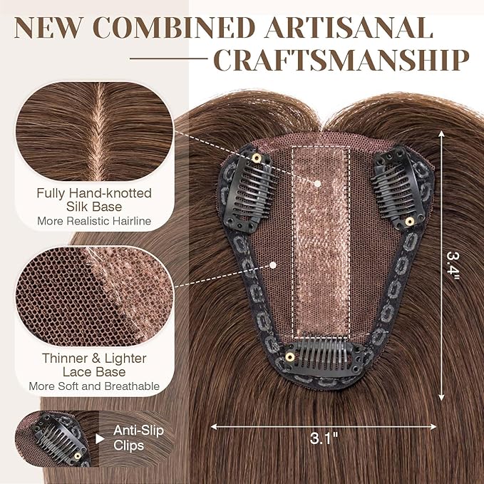 S-noilite Hair Toppers for Women Real Human Hair 3D 360° Cover Clip in 100% Real Human Hair Toppers 3″*4″ Clip in Silk Base 10 inch Dark Brown