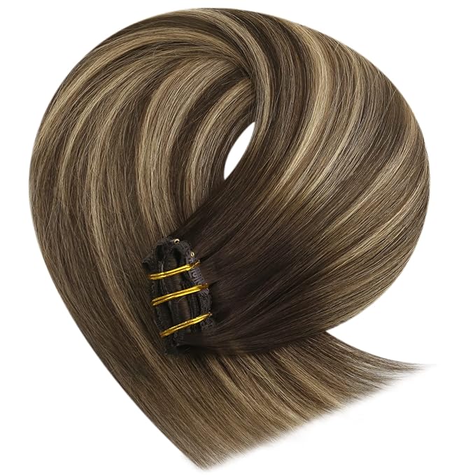 YoungSee Clip in Hair Extensions Real Human Hair Balayage Brown Hair Extensions Clip ins Balayage Chocolate Brown Mix Caramel Blonde Clip on Hair Extension Human Hair Silky Straight 120G 18Inch