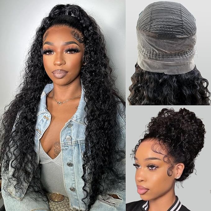 360 Glueless Wigs Human Hair 32 Inch Pre Plucked Hidden Strap Deep Wave Lace Front Human Hair Wigs With Drawstring 180 Density Wet and Wavy HD Full Lace Front Wigs Human Hair