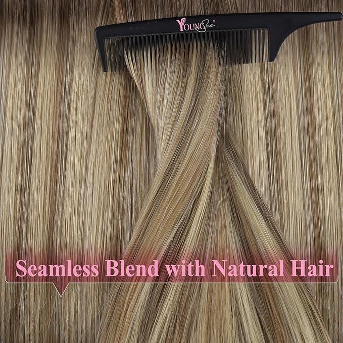 YoungSee Invisible Tape in Extensions Human Hair Brown Balayage Tape in Hair Extensions Ombre Light Brown to Blonde Tape-on Hair Extension 22Inch Natural Hair Extension for Wedding 20pcs 50g