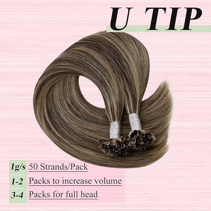 YoungSee U Tip Hair Extensions Human Hair Highlight Brown with Blonde Utip Hair Extensions Human Hair Brown U Tip Hair Extension Highlight Keratin Hair Extension for Women 16In 1G/S 50G