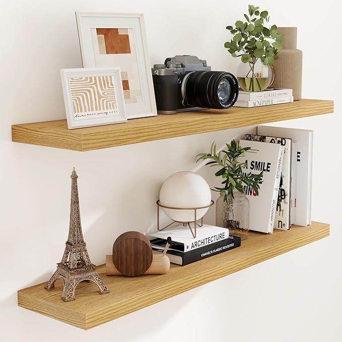 48 Inch Floating Shelves Set of 2, Rustic 48 x 9 Floating Shelf for Wall, 9 Inch Deep Bookshef Invisible Bracket, Wall-Mounted Deep Shelving for Bedroom, Kicten, Living Room, Oak Color