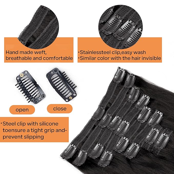 Straight Clip In Hair Extensions Real Human Hair 8Pcs Clip In Jet Black Human Hair Extensions with 18Clips Lace Weft 120g 24inch