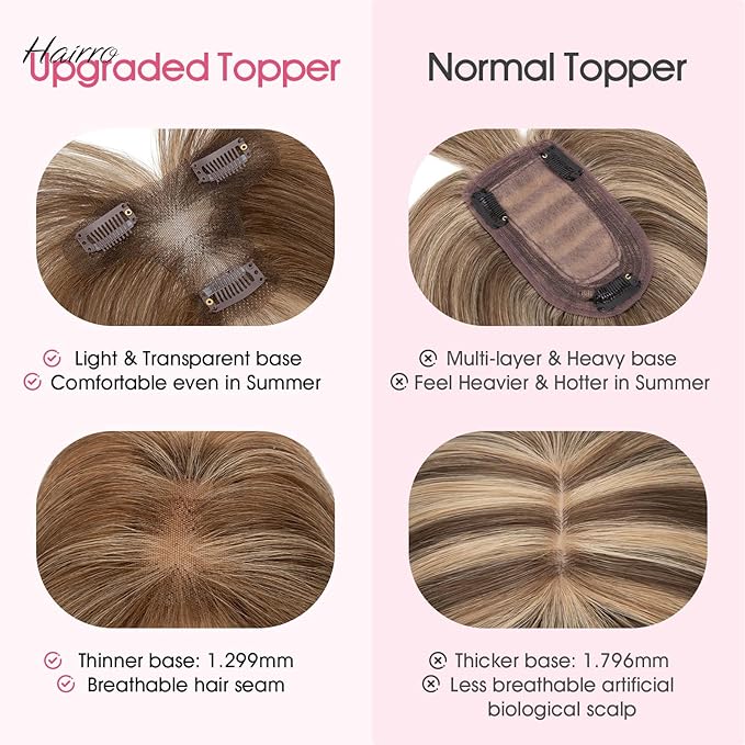Hairro Human Hair Toppers with Wispy Bangs, 3D 360° Seamless Real Hair Toppers, Hand-Tied with 3.5"x4.7" T-shaped Base, Clip-In Hairpieces to Add Volume on Top, 11 Inch Medium Brown Mix Dark Blonde