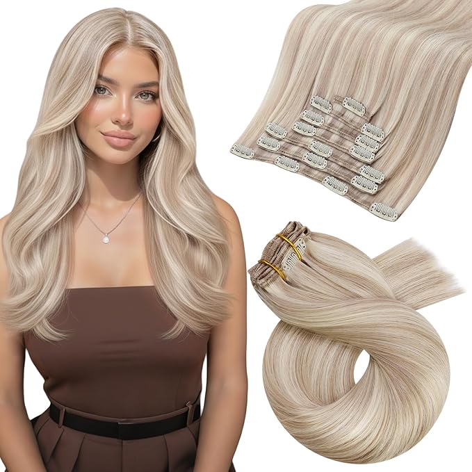 Moresoo Clip in Hair Extensions Remy Double Weft Human Hair Clip in Extensions Straight Hair Extensions for Women Ash Blonde Highlight with Blonde 7pcs 120g 24inch