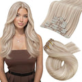 Moresoo Clip in Hair Extensions Remy Double Weft Human Hair Clip in Extensions Straight Hair Extensions for Women Ash Blonde Highlight with Blonde 7pcs 120g 24inch