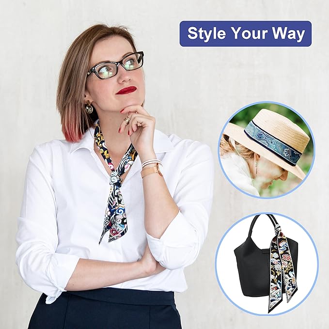 Skinny Scarf 3 Pack for Women – Bag Scarf, Silk Hair Scarves (Original Prints, Premium Twill, 3 Designs)