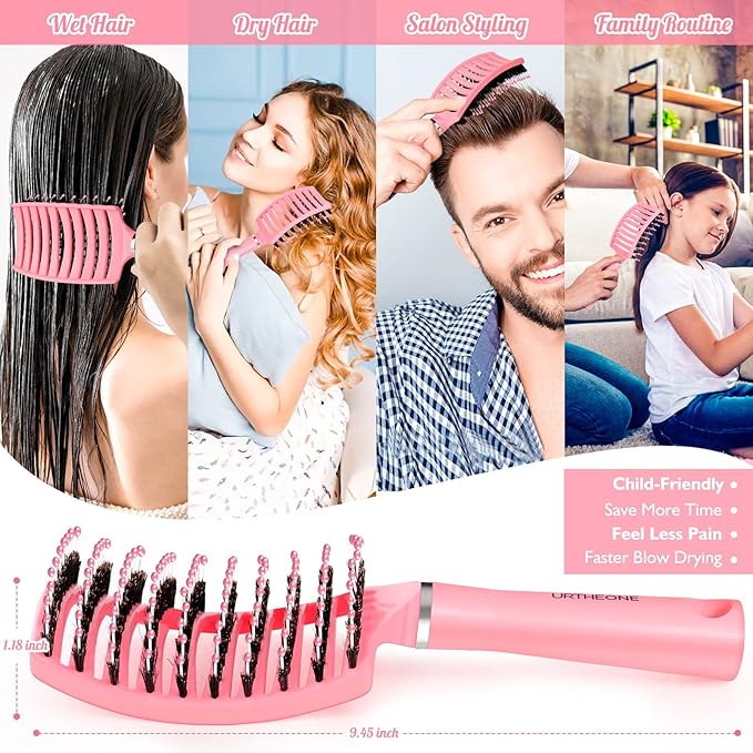 URTHEONE Hair Brush,Detangling Hairbrush Boar Bristle Hair Brushes for Women Men Kids Curly Thick Long Short Wet or Dry Hair, Curved Vented Detangler Brush for Faster Blow Drying (Pink)