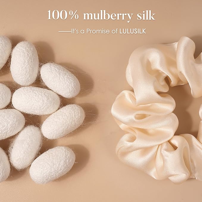 LULUSILK Silk Scrunchies for Hair Sleep, 100% Real Mulberry Silk, No Damage Hair Ties for Women and Girls, Basic Collection, Pack of 3