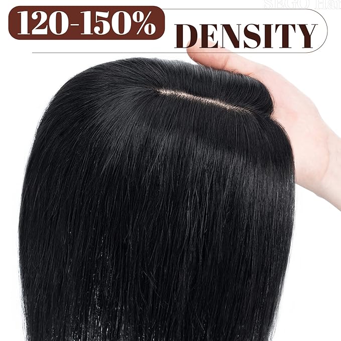 SEGO Real Human Hair Topper for Women, No Bangs Hair Topper with Anti-Slip Clips (12 Inches#1 Jet Black)