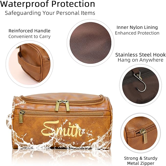 Personalized Toiletry Bag for Men, Engraved Name Initials Toiletry Bag, Customized Monogram Travel Shaving Dopp Kit for Groomsmen, Gift for Christmas, Birthday, Dad, Husband (Dark Coffee)