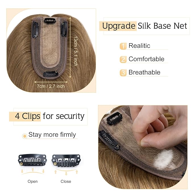 SEGO Human Hair Toppers for Women With Thinning Hair, 7 * 13CM Silk Base 100% Real Human Hair Clip in Top Wiglet Hairpieces -6 Inch No Bangs Light Brown