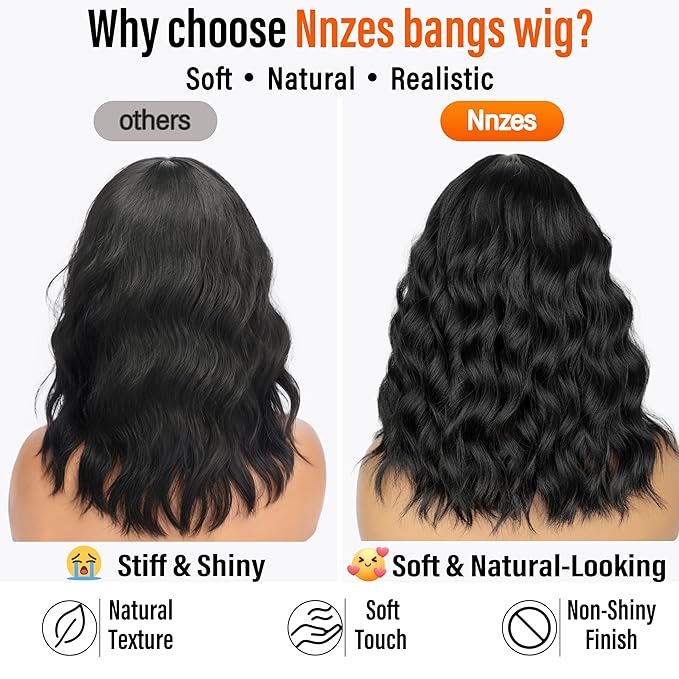Nnzes Black Wavy Wigs with Bangs Women’s Short Black Bob Wig Synthetic Natural Looking Heat Resistant Fiber Hair