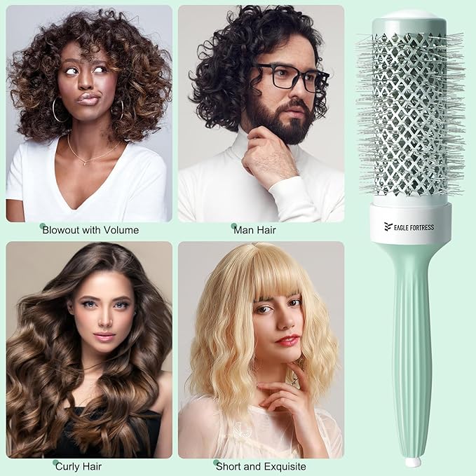 Eagle Fortress Round Brush for Blow Out, Thermal Ceramic Hair Brush for Blow Drying with Ionic Bristle for Professional Blowout Brushing - Green, 43mm
