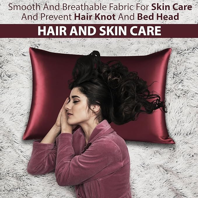 Satin Silk Pillowcase for Hair and Skin, Black Pillow Cases Standard Size Set of 4 Pack Super Soft Pillow Case with Zipper Closure (Burgundy, Standard(4 Pack))