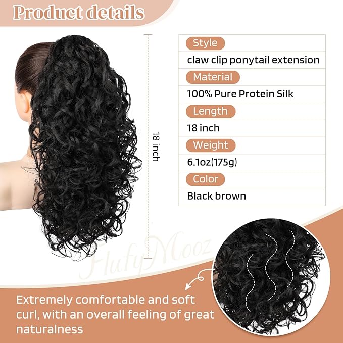 Flufymooz 100％ Pure Protein Ponytail Extension, 18 Inch Curly Claw Clip Ponytail Hair Extensions Natural Soft pony tail hairpiece for women-Black Brown
