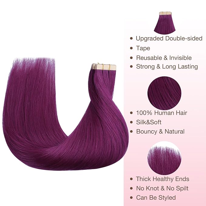 GOO GOO Tape in Hair Extensions Human Hair, Violet, 20inch 30g 10pcs, Colored Tape ins Human Hair Extensions, Silky&Soft Invisible Tape Ins, Hair Highlighted for Party