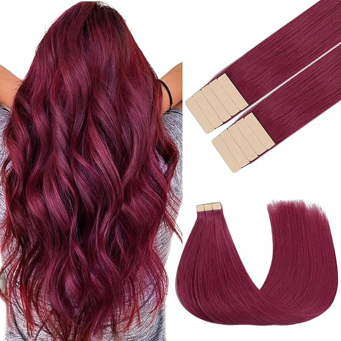 GOO GOO Tape in Hair Extensions Human Hair, Burgundy Red, 22inch 30g 10pcs, Colored Tape ins Human Hair Extensions, Silky&Soft Invisible Tape Ins, Hair Highlighted for Party