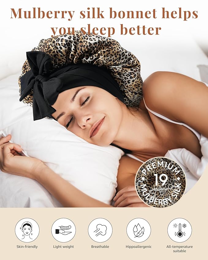 AWAYTR Silk Bonnet for Sleeping Women 100% Mulberry Silk Bonnet with Band 2 Layer Reversible Hair Bonnet Sleeping Hair Wrap (Leopard/Black)
