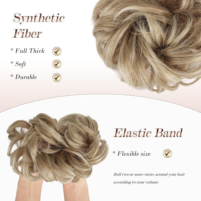 FESHFEN Messy Bun Hair Piece - Elastic Wavy Curly Hair Bun Scrunchies Extensions Synthetic Chignon Hairpieces for Women Girls, Mixed Blonde and Ash Blonde Tips 1.5 oz