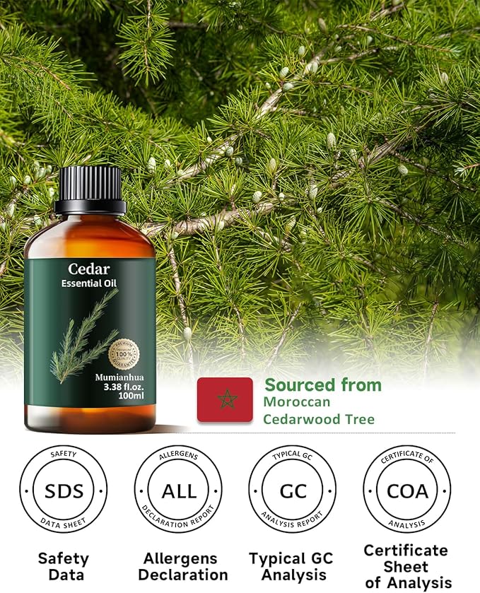 Pure Cedarwood Essential Oil for Bedtime Atmosphere, Evening Relaxation & Pillow Mist,Mumianhua Natural Woodland Aroma for Reed Diffuser,Aromatherapy, Bedroom, Skin, Hair, Tranquil Blends 3.38 Fl Oz