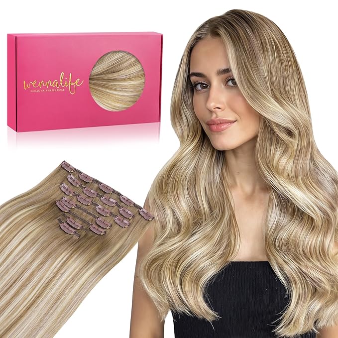 WENNALIFE Clip in Hair Extensions Real Human Hair, 12 Inch 80g 7pcs Remy Hair, Balayage Dirty Blonde with Platinum Ends Straight Natural Extensiones De Cabello Humano Con Clip Ins