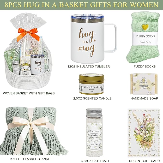 8 Pcs Gift Baskets for Women, Birthday, Self Care, Thank You, Get Well Soon, Unique Spa Gifts Set for Mom, Her, Sister, Wife, Friends, Christmas, Small Woven Basket with Gift Bags (Sage Green)